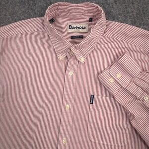 Barbour Oxford Shirt Mens Medium Burgundy White Striped Tailored Fit Button Down